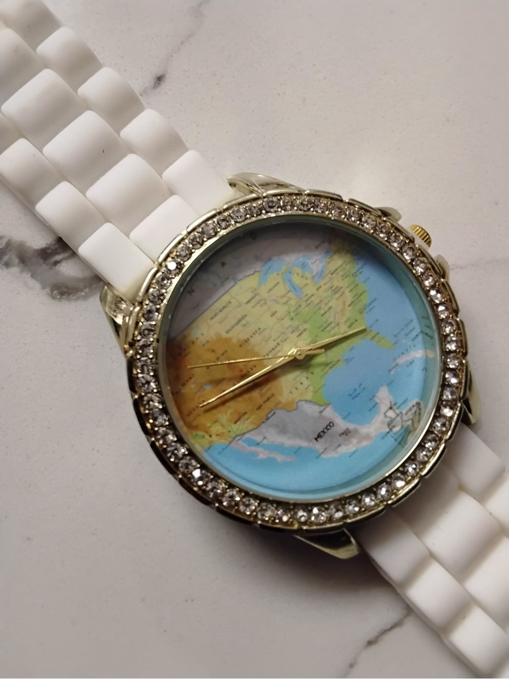 Crystal-Bezel World Map Watch with White Silicone Band